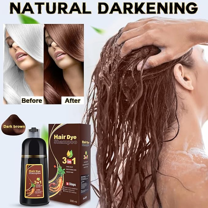 IIIMEIDU Dark Brown Hair Dye Shampoo 3 in 1 for Gray Hair, Herbal Ingredients Shampoo Hair Dye for Women Men, Grey Coverage 500ml