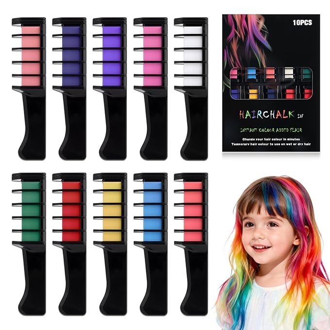 Festive Fun Hair Chalk Combs,2026 NewTemporary Glitter Hair Colors Hair Chalk Combs,Hairs Chalk for Girl,Washable DIY Hair Color Dye for Birthday Christmas Party Gifts for Teenage Girls Kid(10 Colors)