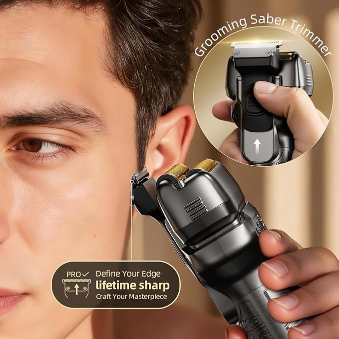 Electric Razor for Men Face: Rechargeable Foil Shaver with Push-Up Trimmer - Cordless Wet/Dry/Anti-Slip Waterproof Shavers with LED Display - Metal Handheld Design, Gray Silver Gift