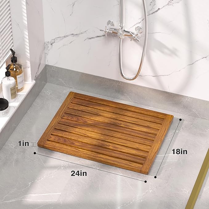 Teak Shower Mat, 24"x18" Wood Non-Slip Bathroom Teak Bath Mats for Bathroom, Wooden Floor Mat Bathroom Mat for Inside, Outdoor or Spa(Medium)