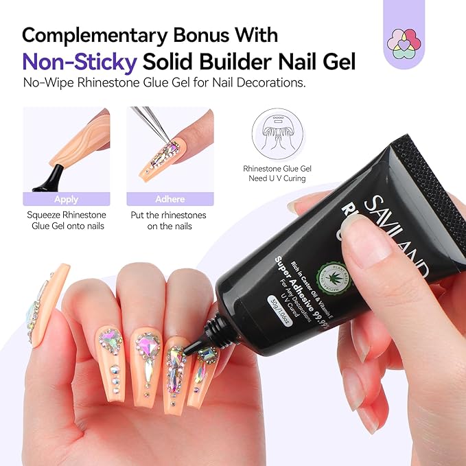 SAVILAND Pro Solid Builder Nail Gel for Nails with 30 g Rhinestone Glue Gel: 30 Days Long Lasting Clear 3D Nail Gel for Nail Extension Nail Art Salon