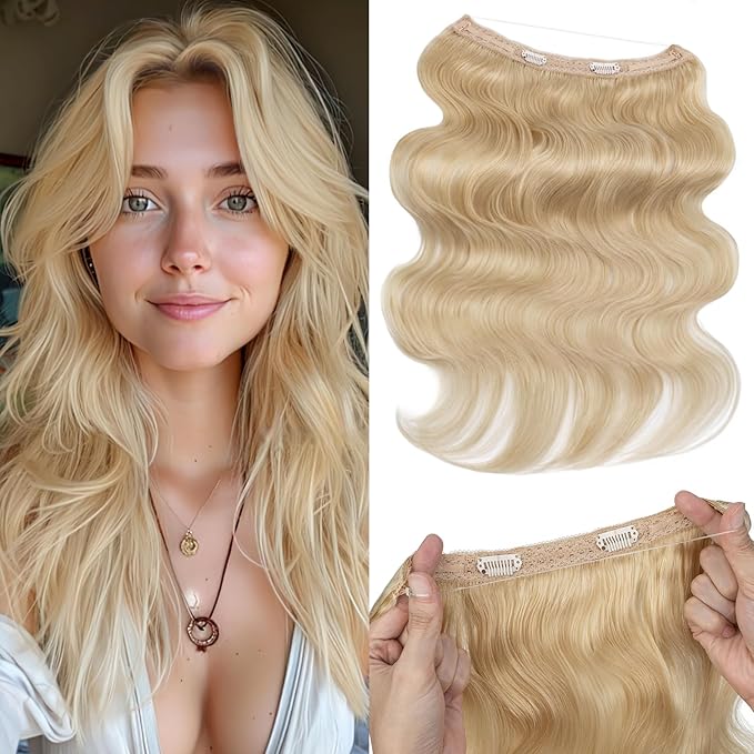 Halo Hair Extensions Real Human Hair,Halo Hair Extension 100% Human Hair,Wire Hair Extensions,Wavy 60 Platinum Blonde 65g/18inch