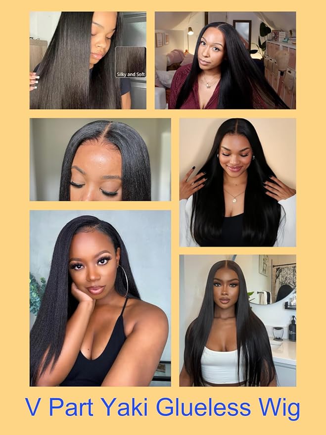 Nadula EasiContour V Part Yaki Straight Human Hair No Leave Out Clip in V-part Wig,12A Glueless Upgrade U Part Light Kinky Straight Human Hair Wig 180% Density with Elastic Drawstring 18inch