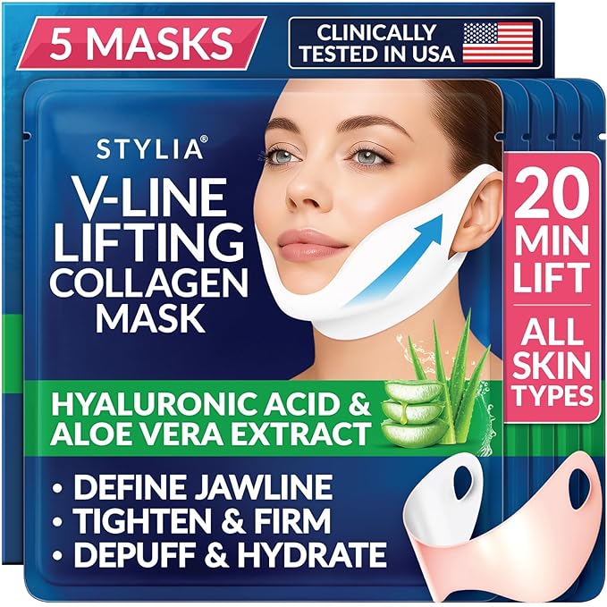 Stylia V Line Lifting Collagen Mask - Lift, Firm & Contour Jawline - Double Chin Reducer Strap with Hyaluronic Acid & Aloe - Neck Tightening and Lifting Mask - Jawline Shaper Face Lift Tape (5PC)