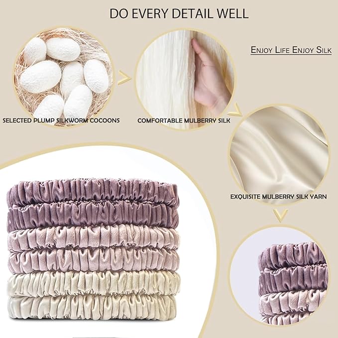 Suncdelv Silk,100% Silk Scrunchies for Hair,22 Momme Hair Ties for Anti-Crease & Breakage,Natural Women Hair Accessories，Fashion Hairbands 6PCS(Bean Paste, Rose Gold, Rice White)