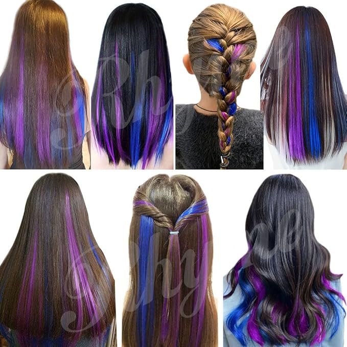 Rhyme Purple Blue Wig Hairpieces 21 inch Colored Hair Extension Clip in/on for Amercian Girls and Women Princess Party Highlight Wig Pieces for Girls 12 PCS (Purple Blue)