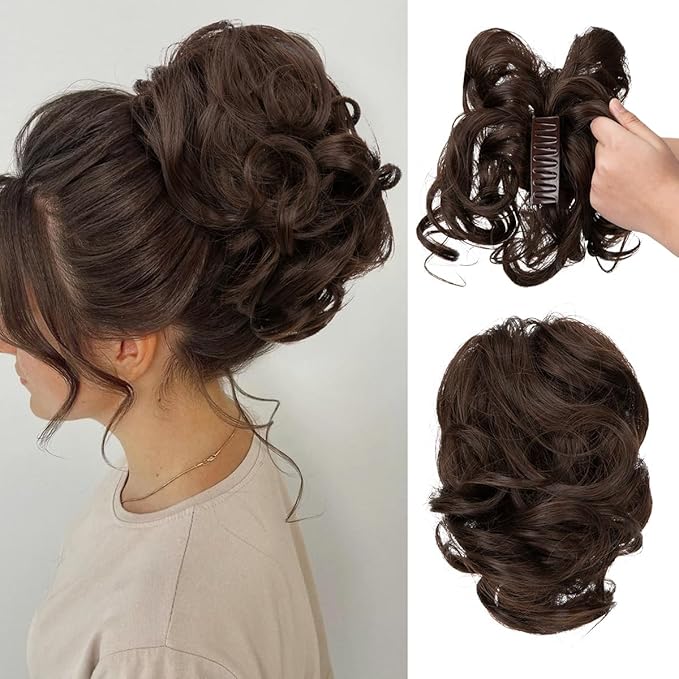 CJL HAIR Claw Clip Short Ponytail Hair Extensions DIY Bendable Metals Messy Bun Hair Piece for Wonen Wavy Curly Synthetic Fake Hairpieces Dark Chocolate