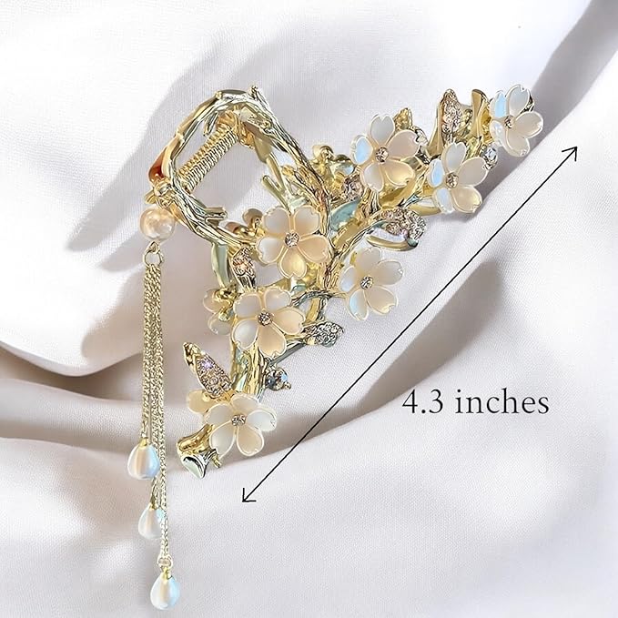 Elegant Floral Hair Clip, Pearl Tassel Bun Holder, Gold Lily of The Valley Design with Dangling Pearls, Temperament Pearl Bun Hair Clip Back Of The Head Shark Clip