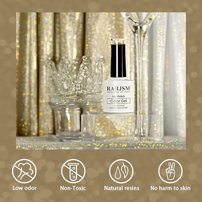 RARJSM Reflective Glitter Gel Polish Champagne Gold Holographic Gel Nail Polish Rainbow Iridescent Shimmer Pigment L E D U V Soak Off Sparkle Diamond Gelpolish Nail Art Manicure Salon DIY at Home 1pcs