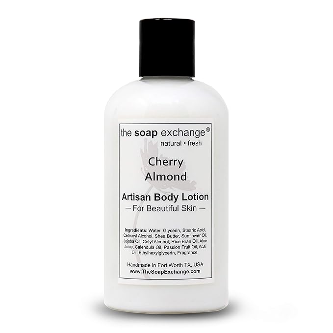 The Soap Exchange Body Lotion - Cherry Almond Scent - Hand Crafted 8 fl oz / 240 ml Natural Artisan Skin Care for Hand, Face, & Body, Moisturize, Hydrate, & Protect. Made in the USA.