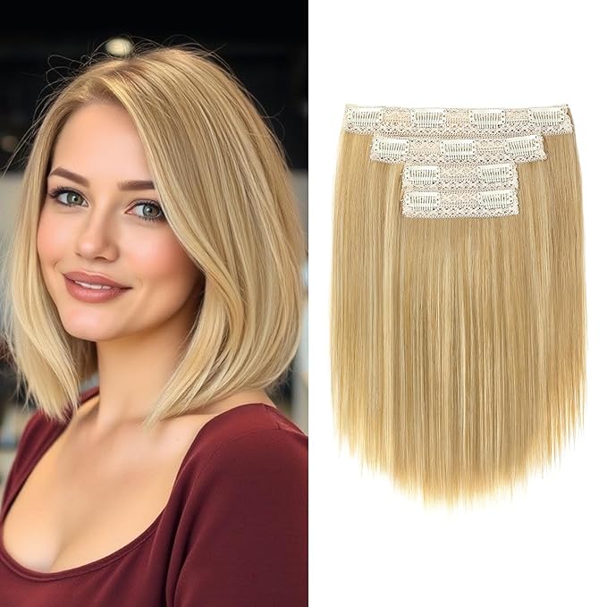 Hair Extensions, 10" Short Clip in Hair Extensions 4PCS Straight Natural Soft Synthetic Hairpiece for Women- Golden Blonde with Highlights