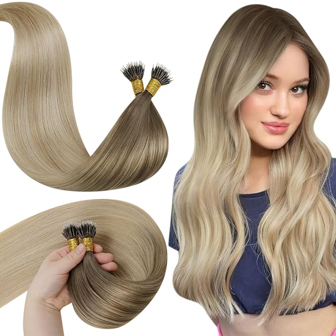 LaaVoo Nano Bead Hair Extensions Ombre Light Brown to Ash Blonde with Platinum Blonde Nano Ring Hair Extensions Human hair 50g 50s 18 Inch