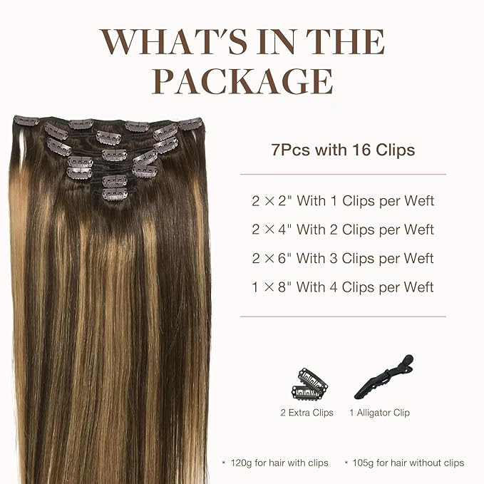 GOO GOO Clip in Hair Extensions Real Human Hair, Remy Human Hair Extensions Clip ins for Women, Natural Human Hair, 26inch 180g 7Pcs, #4/27/4 Balayage Chocolate Brown to Caramel Blonde