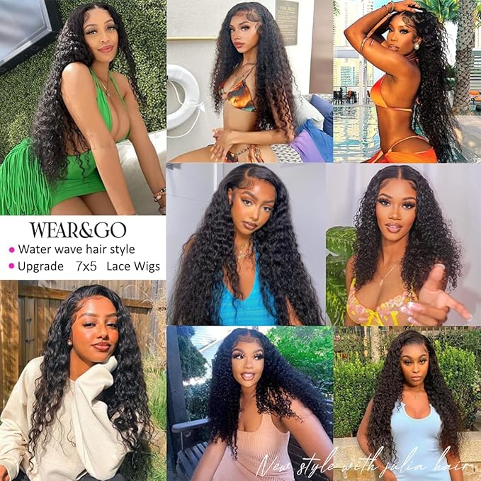 Julia Hair 12A Bye Bye Knots Glueless Wig Water Wave 7x5 Pre Cut HD Lace Closure Wigs Human Hair Wear and Go Pre Plucked for Beginners Wet Wavy Lace Front Wigs Brazilian Hair Natural 20 Inch