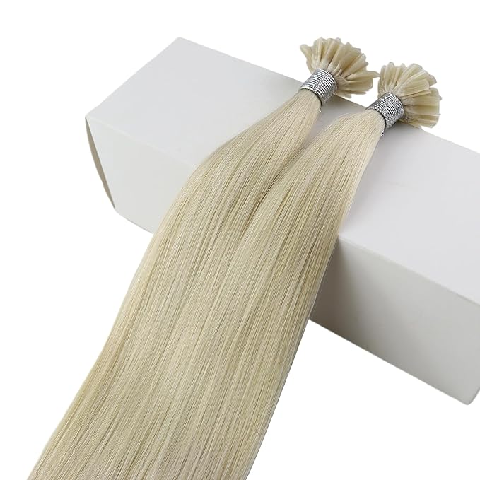 Fshine K Tip Hair Extensions Human Hair 16 Inch White Blonde Keratin Bonded Remy Human Hair Extensions Occasional Wear Thicker Hair 50g/50strands