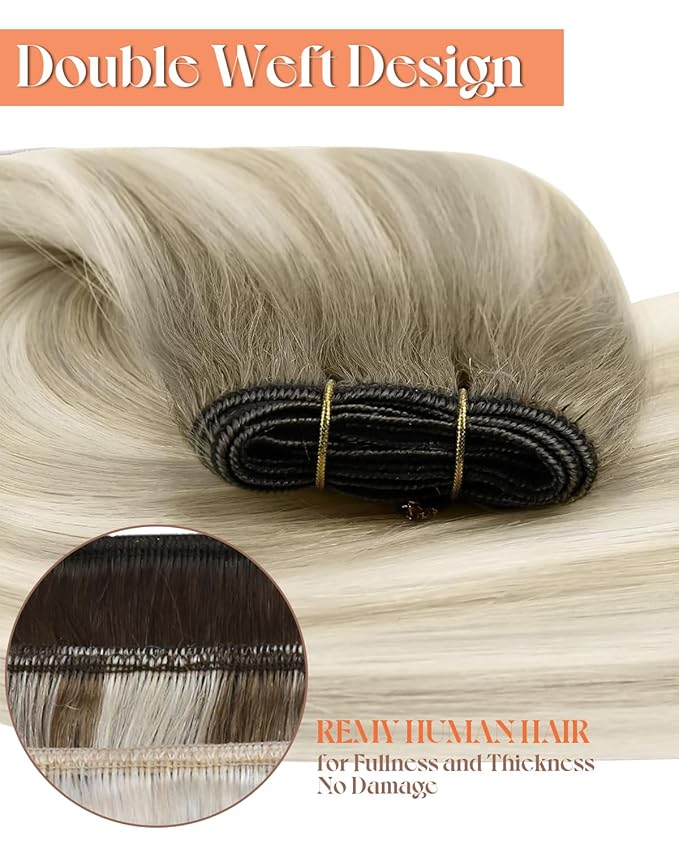 Sunny Hair 24inch Human Hair Extensions Sew in Ombre Weft Hair Extensions Human Hair Ash Blonde Balayage Platinum Blonde Human Hair Weft Extensions Sew in Bundles for Women Long Straight 100g
