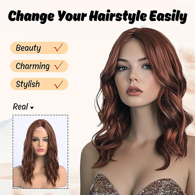 Medium Length Dark Auburn Wavy Wigs for Women 18 Inch Middle Part Wavy Wig Natural Looking Synthetic Heat Resistant Fiber Wig for Daily Party Halloween (18 inch)