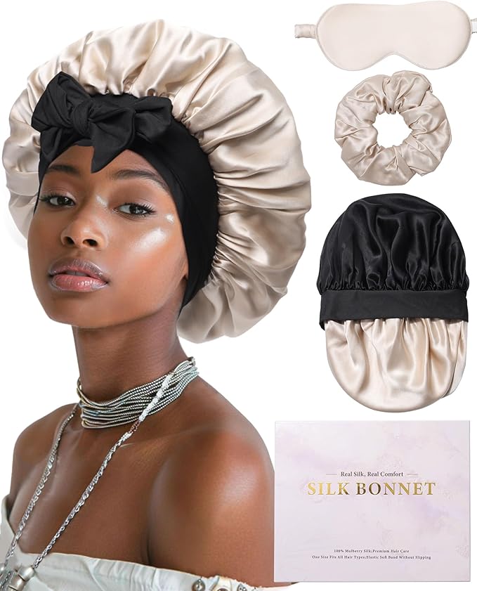 Mulberry Silk Bonnet Sleeping Women Curly Hair Bonnets Tie Band Double Layer Reversible Sleep Bonnet Silk Hair Wrap Sleep Cap