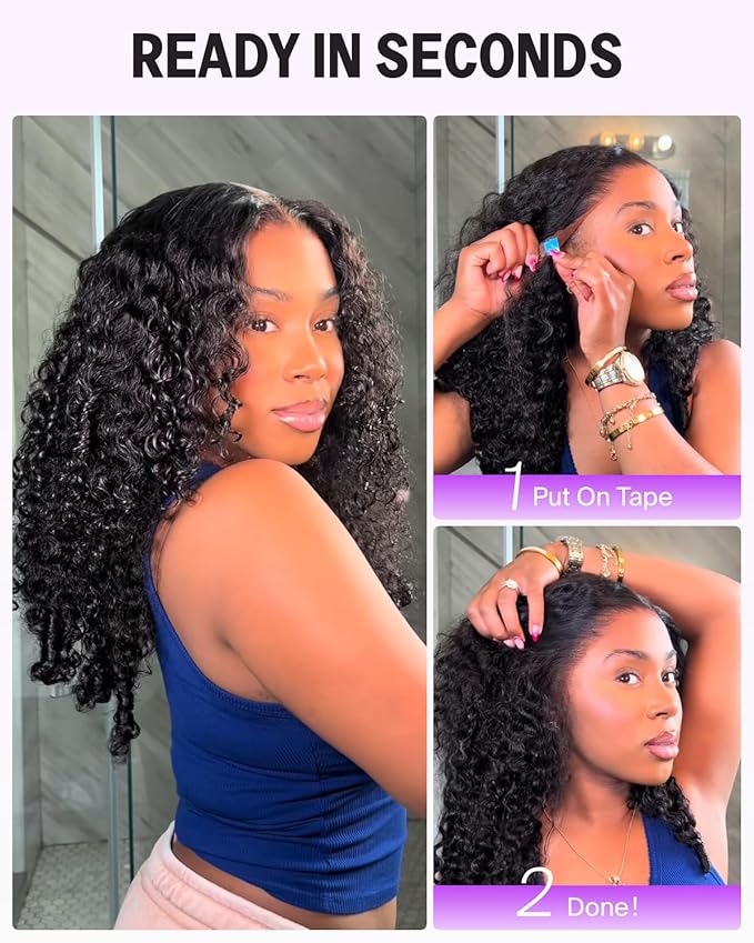 13x6 Three-Go™ Glueless Drawstring Burmese Curly Wig Human Hair Pre Plucked Pre Cut Ear-to-Ear HD Deep Wave Lace Front Glueless Wigs Human Hair 220% Density 20 Inch