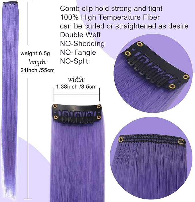 12 PCS 20 inch Blue&Purple&Lavender&Light Purple Wig Pieces Colorful Party Highlights Clip in Coloured Hair Extensions Multicolors Straight Synthetic Hairpieces for Women Kids Girls