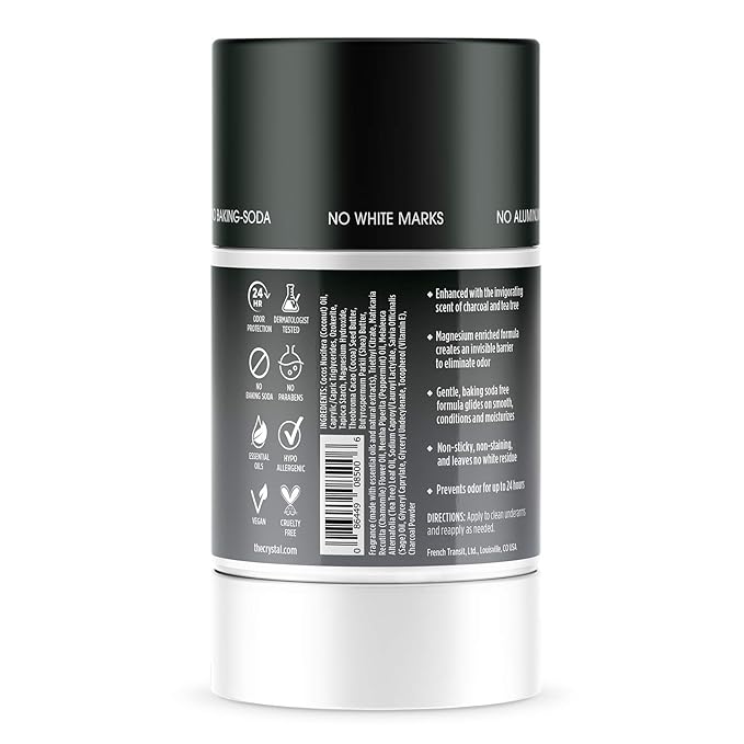 Crystal Magnesium Solid Stick Natural Deodorant, Non-Irritating Aluminum Free Deodorant for Men or Women, Safely and Effectively Fights Odor, Baking Soda Free, Charcoal & Tea Tree, 2.5 oz