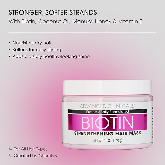 Advanced Clinicals Biotin Hair Treatment Anti-Breakage Repair Hair Mask. Strengthen Broken, Color-Treated Hair W/Repairing Deep Conditioner Manuka Honey & Caffeine, Hydrating Mask Restores Weak Hair