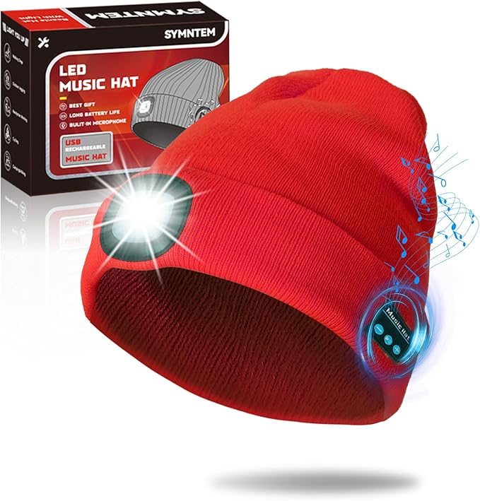 Gifts for Men, Rechargeable Bluetooth Music Unisex Beanie Hat with Light, Stocking Stuffers for Women, Birthday Gifts for Men, for Him, Red