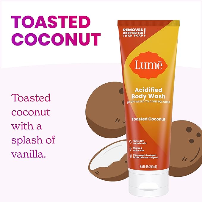 Lume Acidified Body Wash - 24 Hour Odor Control - Removes Odor Better than Soap - Moisturizing Formula - Formulated Without SLS or Parabens - OB/GYN Developed - 8.5 ounce (Pack of 2) (Toasted Coconut)