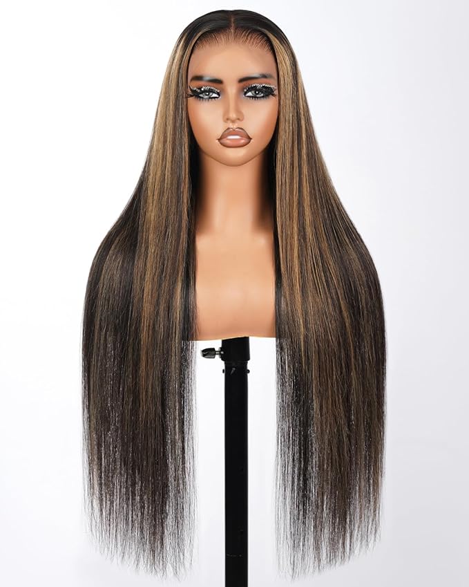 Balayage Wig Human Hair 13x4 Ombre Lace Front Wig Human Hair 220% Density Straight Highlight Wig Human Hair Real Bleached Knots Pre Plucked FB27 (18 inch)
