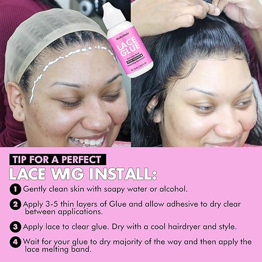 Dolahair Lace Glue, 1.3 Ounce, Waterproof, Extreme Hold, Invisible Bonding for Wigs & Hair Systems, Includes 2 Elastic Bands