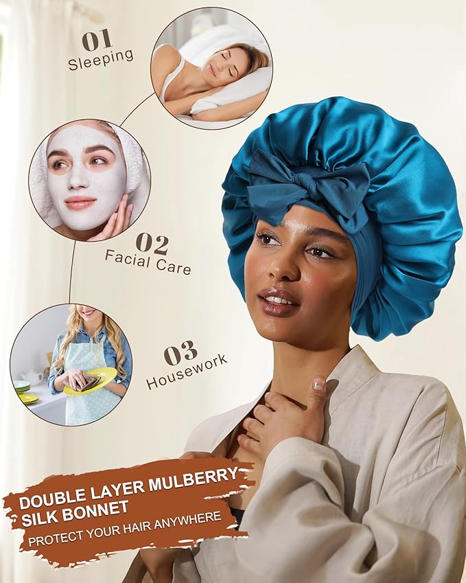 Mulberry Silk Bonnet Sleeping Women Curly Hair Bonnets Tie Band Double Layer Reversible Sleep Bonnet Silk Hair Wrap Sleep Cap