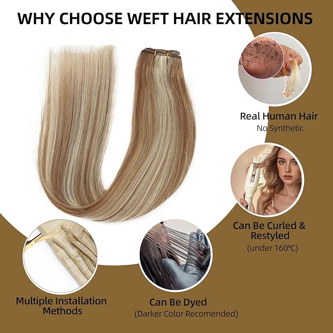 Sew in Hair Extensions Real Human Hair, 110g 22 inch Highlighted Color Ash Brown Mix with Platinum Blonde Hair Extensions Double Weft Remy Straight Weave Bundles Human Hair