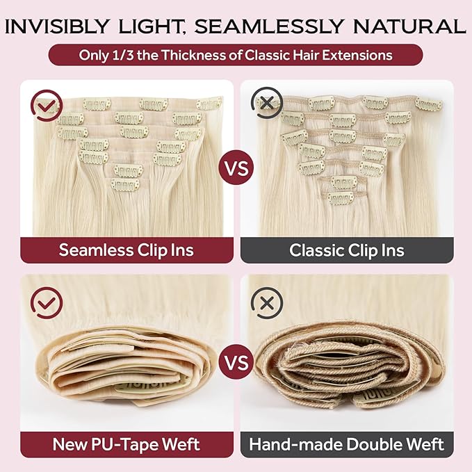 Clip in Hair Extensions Real Human Hair Seamless Clip Ins 100% Remy Hair Extensions PU Skin Weft Add Volume Ash Blonde Highlights Thick&Invisible #P18/613 22Inch 120G 8PCS