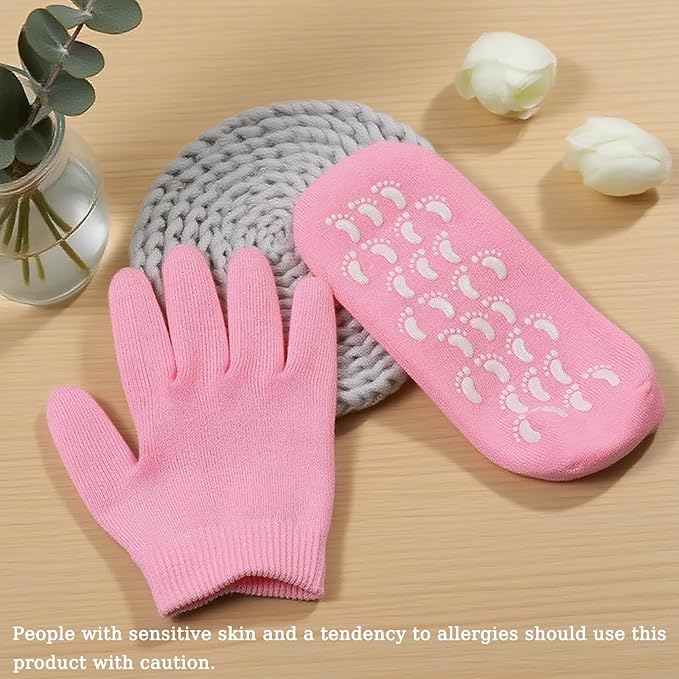 Moisturizing Gloves and Socks, Gel Spa Moisturizing Therapy Sock ＆ Glove, Overnight Gloves for Dry Hands, Repair and Soften Aging, Hand and Feet Care for Chapped and Dry Skin (Pink)