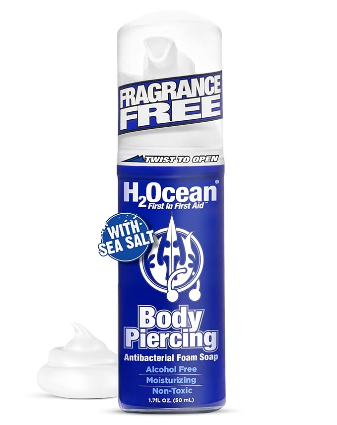 H2Ocean Body Piercing Foam Soap - Organic Sea Salt Aftercare with Aloe Vera, Alcohol-Free, Unscented, Vegan & Gentle Cleansing Tattoo and Piercing Soap for Healing & Moisturizing - 1.7oz