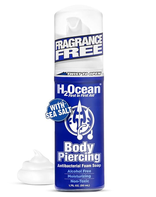 H2Ocean Body Piercing Foam Soap - Organic Sea Salt Aftercare with Aloe Vera, Alcohol-Free, Unscented, Vegan & Gentle Cleansing Tattoo and Piercing Soap for Healing & Moisturizing - 1.7oz