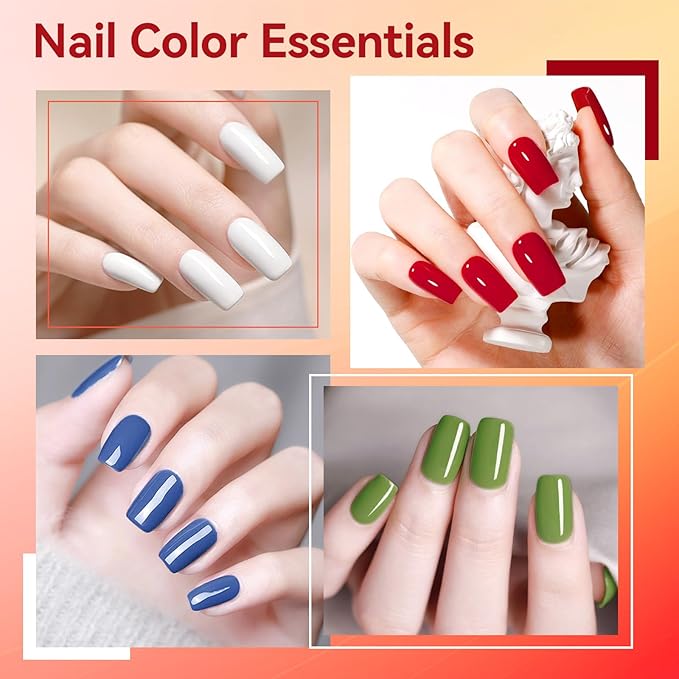 Nail Polish Set with Base & Top Coat, Rich in Castor Oil, Red Green Blue White French Nail Polishes for All Seasons, Quick Dry, Vegan,Hema-free, Non-Gel, DIY Nails Art Gift for Women