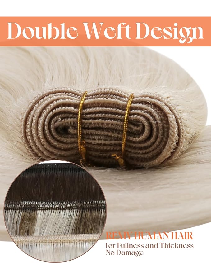 Sunny Hair Weft Hair Extensions Human Hair Blonde Sew in Hair Extensions Real Human Hair Platinum Blonde Short Straight Hair Weft Extensions Human Hair Sew in Can Be Dyed Add Hair Volume 12inch 70G