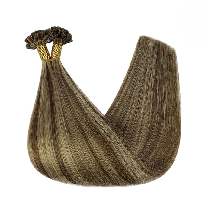 Full Shine K Tips Hair Extensions 24 Inch Long Straight Remy Hair Medium Brown Highlighted Honey Blonde Fusion Hair Extensions 50 Grams Keratin Tip Extensions for Short Hair