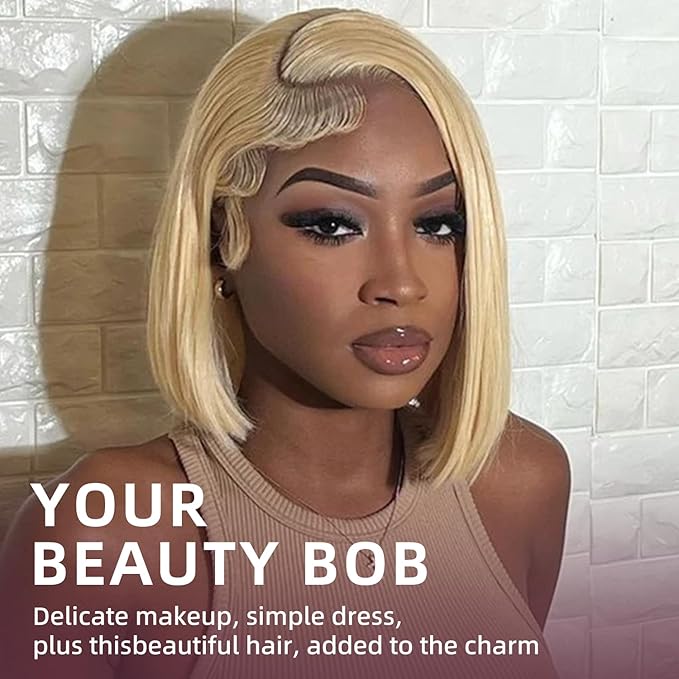 Blonde Bob Wig Human Hair 13X4 613 Bob Wig Transparent HD Lace Front Wig Human Hair Middle Part Straight Bob Wig Pre Plucked 210% Density with Baby Hair（12inch）