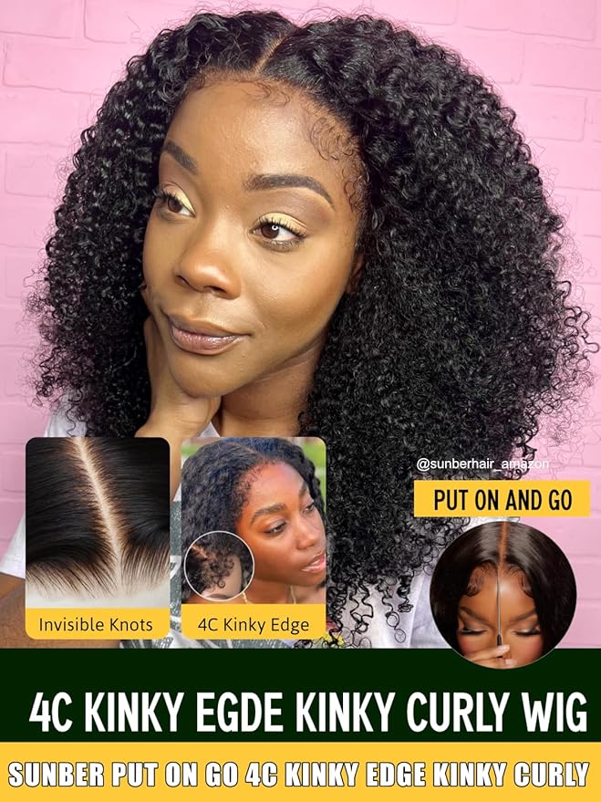 Sunber 4C Kinky Curly Bye Bye Knots Pre Cut Lace 7x5 Lace Front Glueless Curly Put On Go 3S Wear Afro Curly Human Hair Wig Pre Bleached Invisible Knots 150% Density Pre Plucked with Baby Hair 16Inch