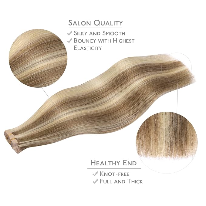 WENNALIFE Tape in Hair Extensions Human Hair, 20pcs 50g 14 inch Ash Brown with Platinum Blonde Highlights Remy Hair Extensions Straight Human Hair Tape in Extensions Skin Weft Tape Extensions