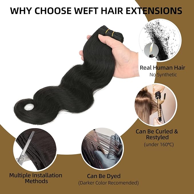 Sew in Hair Extensions Real Human Hair, 110g 16 inch 1B Natural Black Body Wave Bundles Remy Human Hair Weave Extensions Double Weft