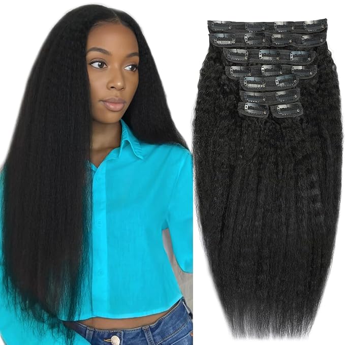 Kinky Straight Clip in Hair Extensions Seamless Clip ins Hair Extensions Real Human Hair Yaki Straight Real Human Hair for Black Women Natural Black 8Pcs 100g 20 Clips