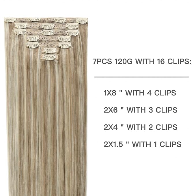 Clip in Hair Extensions Light Blonde Mix Golden Blonde Remy Clip on Hair Extensions Blonde Real Human Hair Clip in Extensions Double Weft 120g 7pcs 16inch