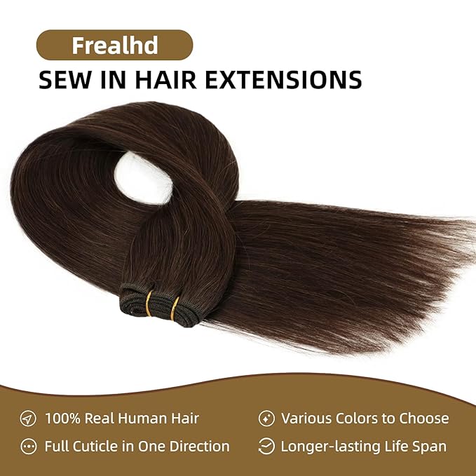 Sew in Hair Extensions Real Human Hair, 110g 24 inch #2 Dark Brown Hand Tied Weft Hair Extensions Human Hair Double Weft Quick Weave Bundles Silky Straight