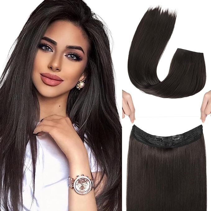 REECHO Invisible Wire Hair Extensions with Transparent Headband Adjustable Size Removable Secure Clips in Straight Secret Hairpiece for Women (24 Inch (Pack of 1), Black Brown)