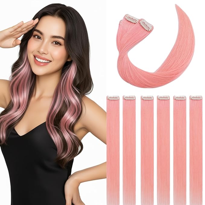 Clip in Hair Extensions Real Human Hair for Women, 12 Inch 33g 6pcs, Pink, Straight - Highlight, Add Volume and Length for Daily Wear, Parties, Weddings