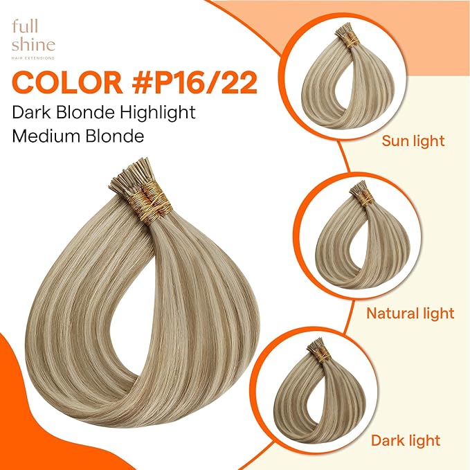 Full Shine Itip Human Hair Extensions 22 Inch Long Straight Hair Invisible I Tip Extensions 16/22 Blonde Highlighted Cold Fusion Hair Extensions 40 Grams for Women
