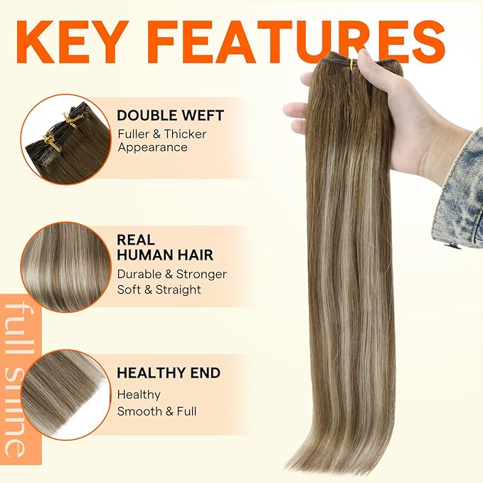 Full Shine Weft Hair Extensions Human Hair 24 Inch Sew In Hair For Women Sew In Extensions Remy Straight Hair Weft Extensions #6/60/6 Invisible Hair Weft